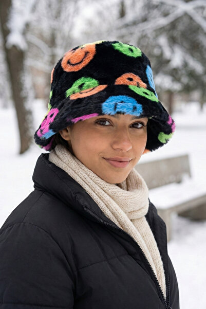 Kapin Renkli Peluş Kumaş Bucket Şapka - Siyah