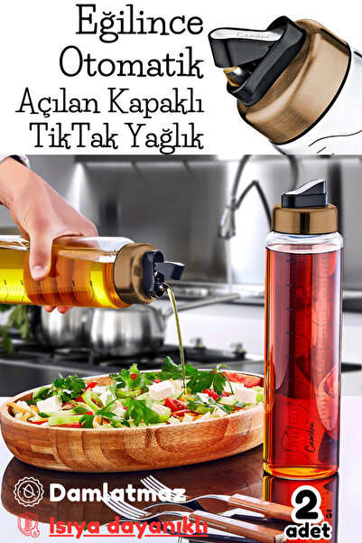 moontime alaçatı İki Adet Cam Yağlık 1000 ml, Damlatmaz, Bakır Tik Tak Kapaklı