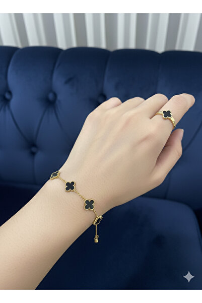 iz accessories 16 Gold Plated Black Enamel Embroidered Four Leaf Clover Bracelet and Ring Set