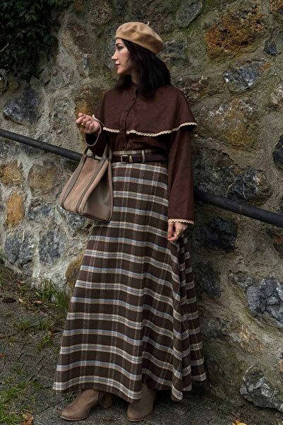 ZÜLAYS Ekose Desenli A Kesim Etek Kahverengi