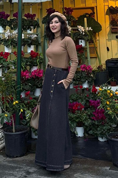 ZÜLAYS Cep Detaylı Denim Etek Koyu Mavi