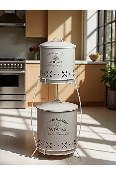 moontime alaçatı İki Katlı Metal Sebze Kovası, Patates ve Soğanlık, Krem Renk