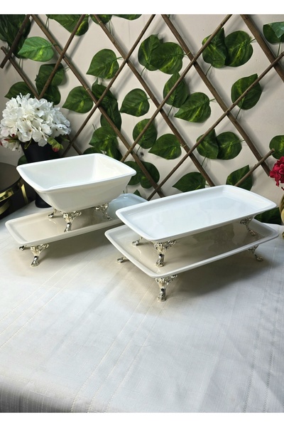 SEÇKİNEV Orlando 4 Parça Döküm Metal Ayaklı Sunum Seti Porselen Kırık Beyaz (...