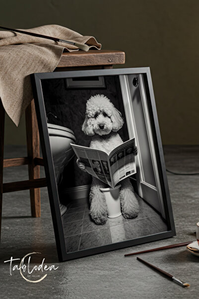 tablodea Gazete Okuyan Köpek Mizahı WC Duvar Dekoru Siyah Ahşap Çerçeveli Pos...