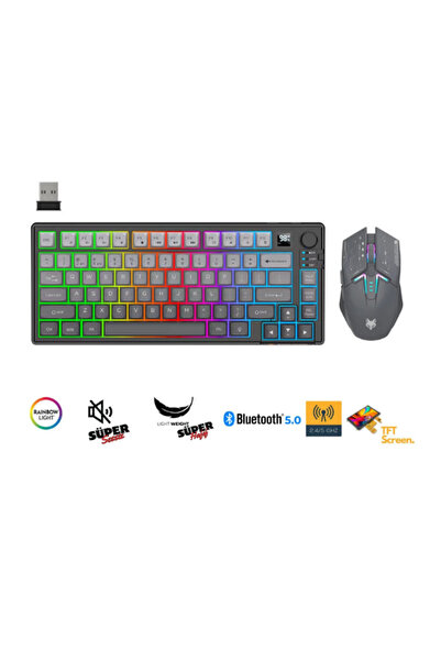 Hietech Kablosuz Oyuncu Klavye Mouse Set K920 Gri Triple Mode BT+2.4Ghz Reinb...