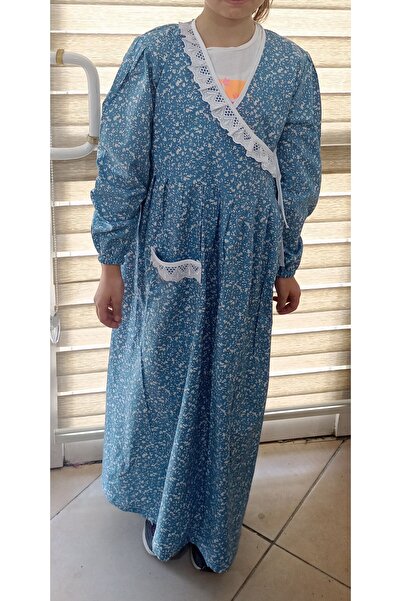 Terzim Ayşenur Синя молитвена рокля с цветя за момичета, възраст 3-14 години