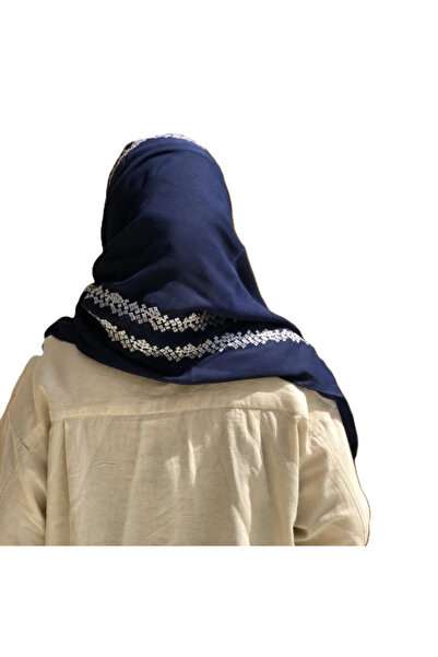 Veil Designer Navy blue hijab with white embroidery, Japanese fabric. Size: 60 * 190