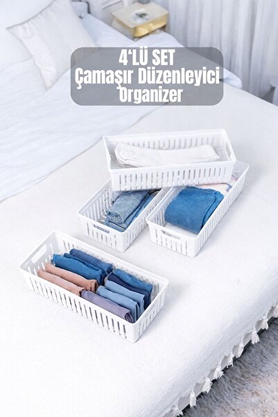 Bambus 4'lü Beyaz Çekmece Içi Düzenleyici Organizer Set - Çok Amaçlı Dolap Iç...
