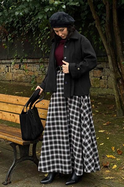 ZÜLAYS Ekose Desenli A Kesim Etek Siyah