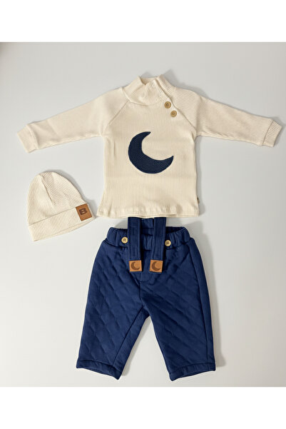 minço bebe Crescent Embroidered Badi Quilted Salopet Baby Boy Beret 3-Piece Set