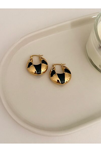 FIERA JEWELRY حلق نسائي من الفولاذ الذهبي بتفاصيل سوداء