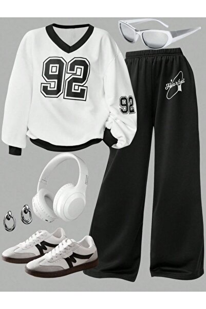 Kids 92 Baskılı V yakalı Beyaz Siyah alt üst Takım