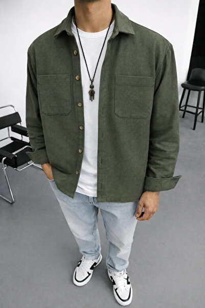 FıttingRoom Oversize Cotton Stamp Khaki Shirt