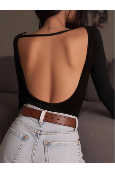 blck & premium Derin Sırt Dekolteli Siyah Bluz -Russian Trends.