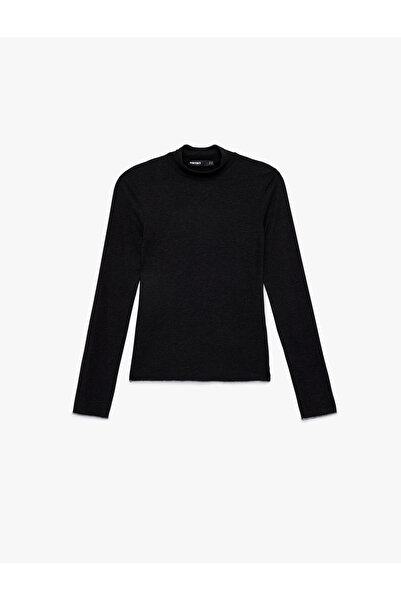 Koton Viscose Fabric Mock Neck Long Sleeve Corded Fabric T-Shirt