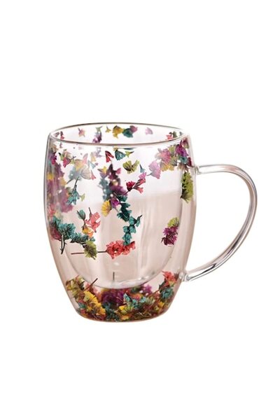 OEM Double Wall Borosilicate Glass Mug with Dried Flowers and Shells, 300ml