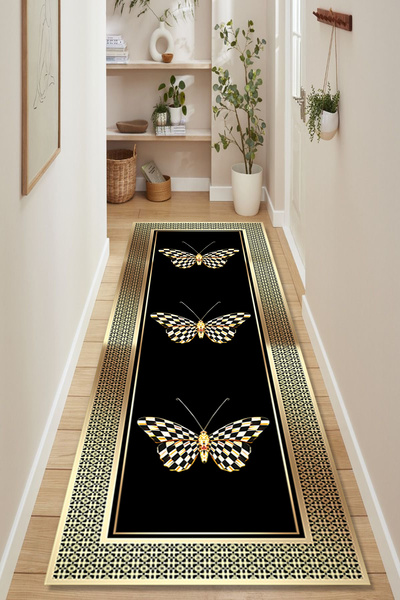 Kessy Home Studio Koridor Halısı & Yolluk Siyah Gold Kelebek Desenli Dijital ...