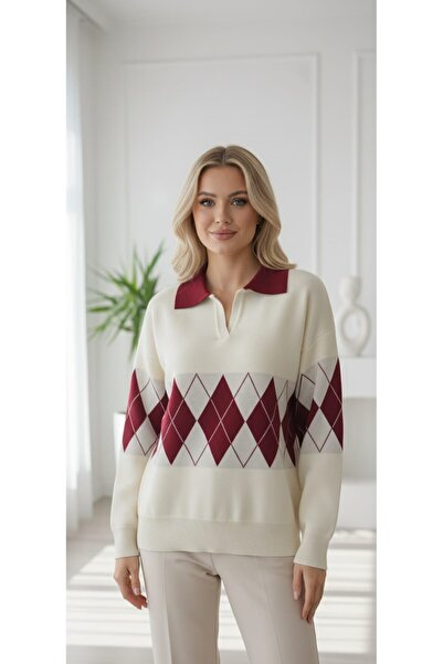 ZARİNCE LİFE Women's Oversized Polo Neck Argyle Patterned Knitwear Sweater 08