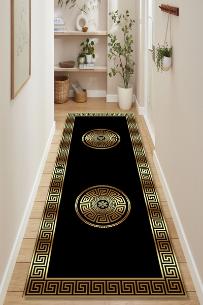 Kessy Home Studio Koridor Halısı & Yolluk Siyah Gold Vintage Desenli Dijital ...