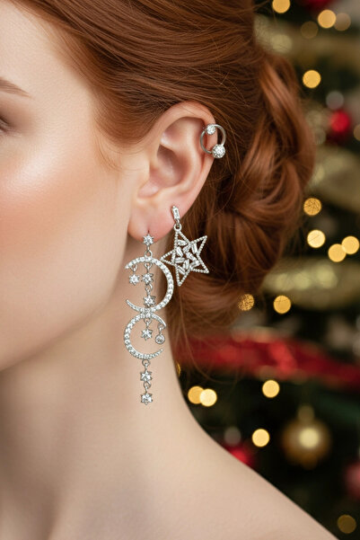 PRVT YSX 14K Altın Kaplama Ay Yıldız Asimetrik Küpe Seti – Zirkon Taşlı, Çelik