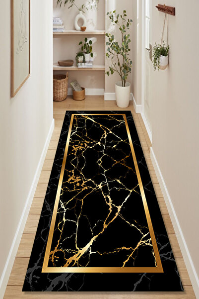 Kessy Home Studio Koridor Halısı & Yolluk Siyah Gold Mermer Desenli Dijital B...