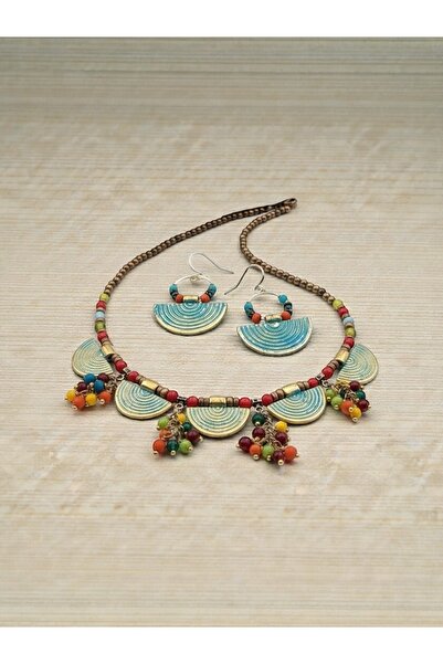 dela otantik Bohemian Fan Necklace and Earring Set – Handmade Authentic Beaded Statement Jewelry - Boho Jewelry Set