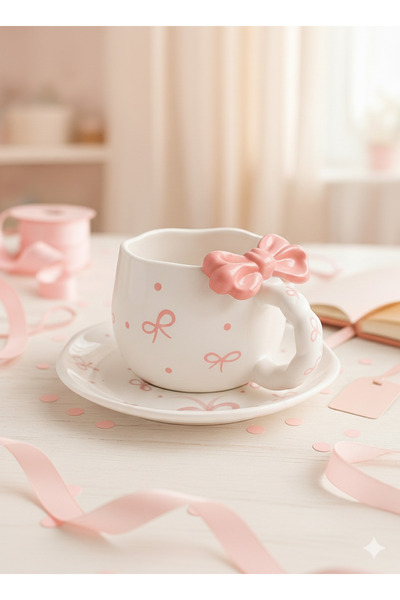 Çağ Seramik Fiyonk Desenli Tabaklı 2 Parça El Yapımı Seramik Kupa – Kulplu Kr...