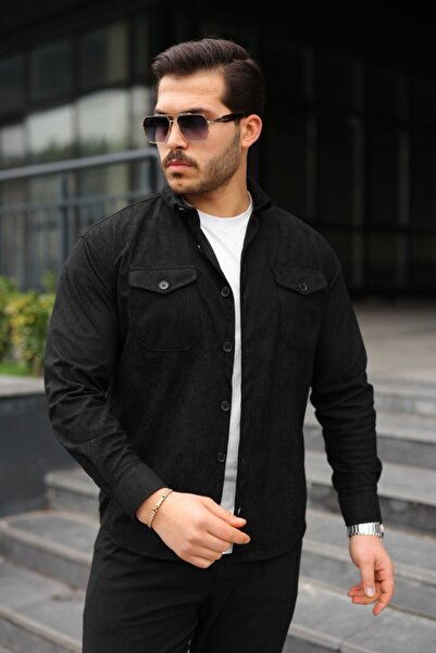 Giyimodam Men's Long Sleeve Velvet Shirt with Pockets