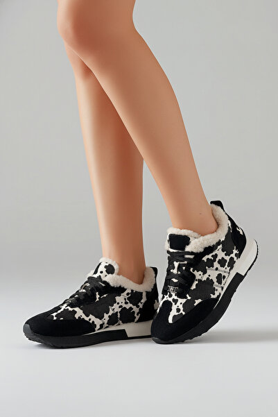 HOSBUTIK Cow Pattern Natural Fur Inside Genuine Suede Leather Women's Sneakers