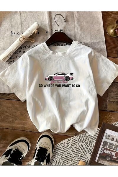 LELVANİ Pink Car Printed Pattern T-Shirt