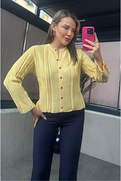 MİR STORE Simli İnce Dokuma Detaylı Koyu Sarı Triko Hırka