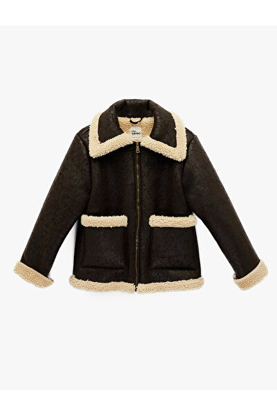 Koton Pocket Detailed Zippered Classic Collar Leather-Look Faux Fur Inside Jacket