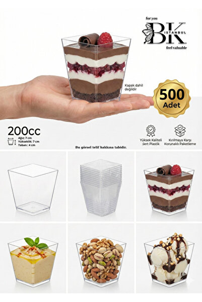 bkistanbul Prizma Mini Tatlı Kabı 500 Adet Şeffaf Plastik Sunum Kupası Tatlı, Magnolya, Puding İçin 500'lü Kap