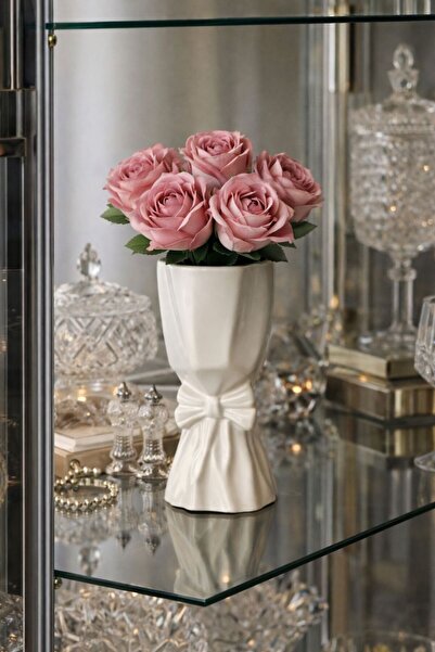 Rosina Βάζο με σκανδιναβικό φιόγκο και ροζ τριαντάφυλλα, 20*10*10 εκ., κομψό ...