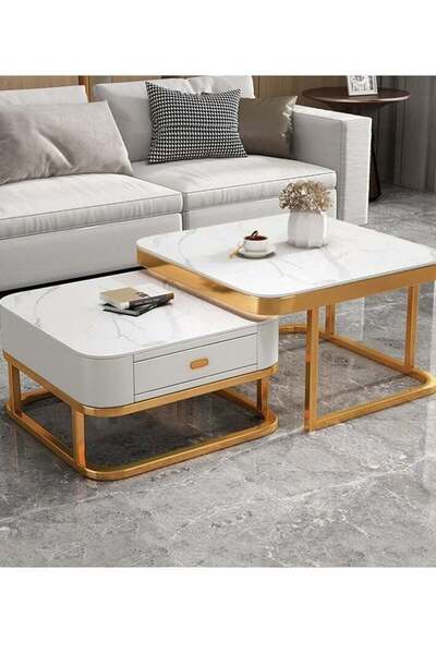 Generic Coffee Table Set of 2 with Drawer, Modern Nesting Square Glass Coffee Table