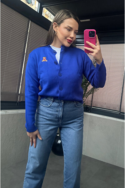 MİR STORE Cobalt Blue Short Knit Cardigan with Teddy Bear Detail