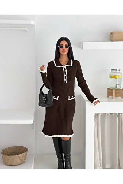 ABBA Polo Neck Soft Textured Mini Length Long Sleeve Dress Brown