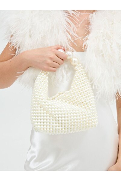 Ravinity Orta Boy Beyaz İncili Saplı Abiye Çanta