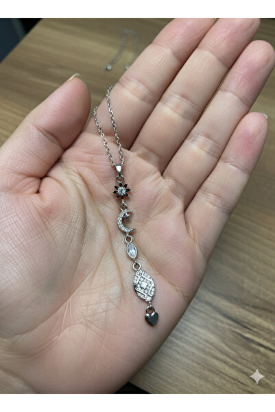 MEEB BUJİTERİ Çelik Gümüş Renk Zirkon Taşlı Yıldız Ay ve Kalp Detaylı Sallant...