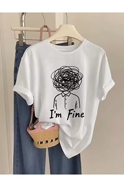 LELVANİ I'M Fine Graphic B Printed Minimalist Line Art Pattern T-Shirt