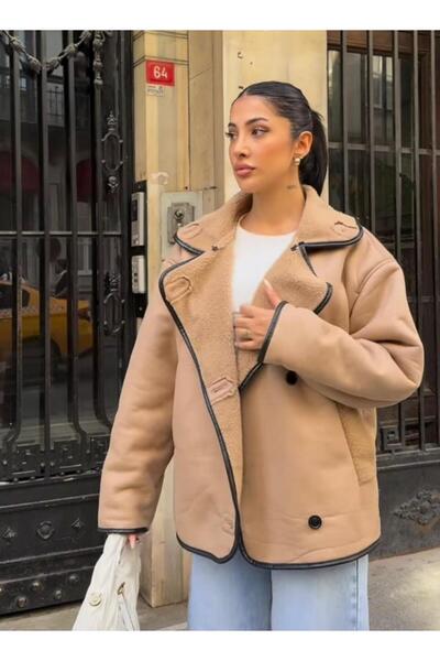 Lunea Womens Açık Bej Oversize İçi Kürklü Süet Ceket