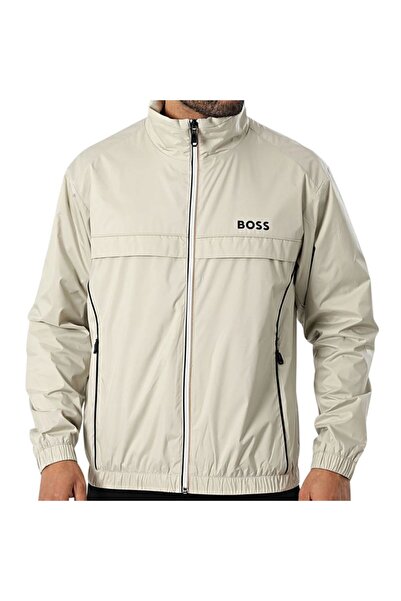 BOSS Men's Contrast Stripe and Logo Regular Fit Mock Neck Pack Beige Jacket 50551069-272