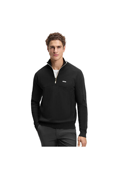 BOSS سترة رجالية ذات قصة عادية مزودة بسحاب مكونة من ياقة مرتفعة متوسطة الطول قطع بأكمام طويلة باللون الأسود 50553791-001