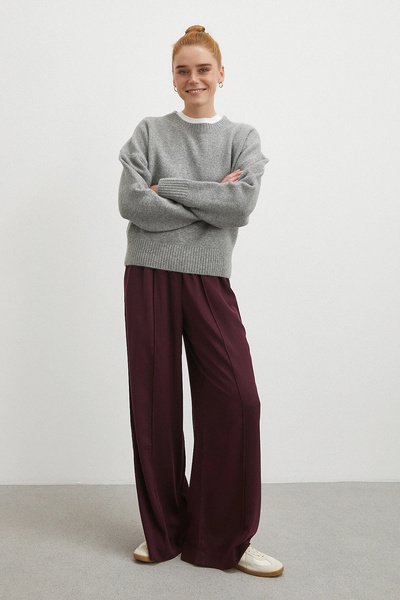 Never more Striped Wide-Leg Elastic Waist Trousers Burgundy