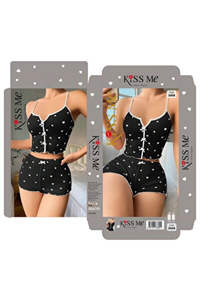 SİERNA Γυναικείο σετ πιτζάμα με μαύρο σχέδιο καρδιάς με κουμπιά και κοτλέ λου...