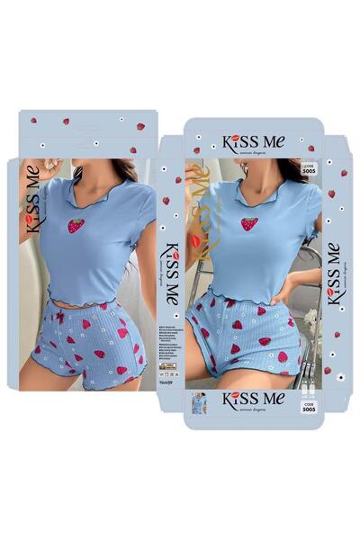 MODA YILDIZ Women's blue strawberry print ruffle short sleeve pajama set with shorts