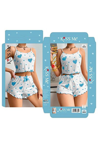 PİERLES Women's white blue heart patterned suspender shorts pajama set