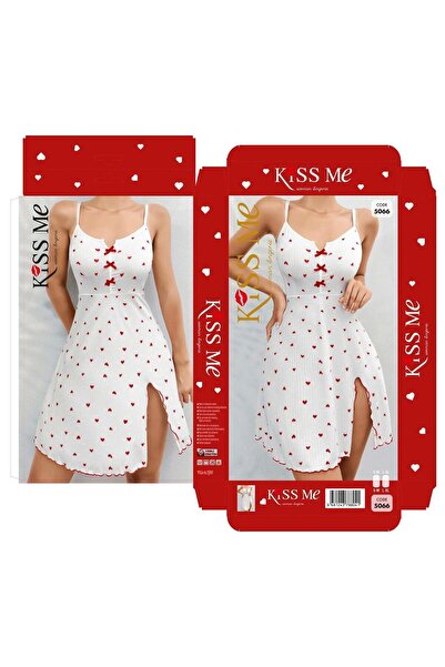 Modaley Giyim قميص نوم نسائي أبيض بنمط قلب شق بأشرطة من الدانتيل