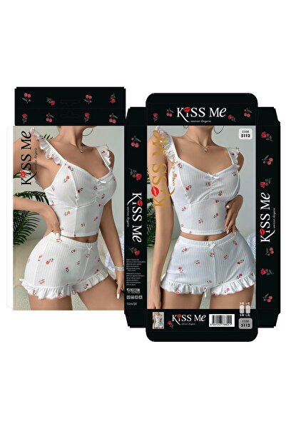 Modaley Giyim Women's White Floral Print Ruffle Strap Shorts Pajama Set