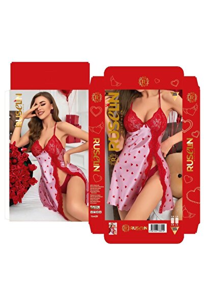 Pi Giyim Women's pink heart patterned satin strap nightgown